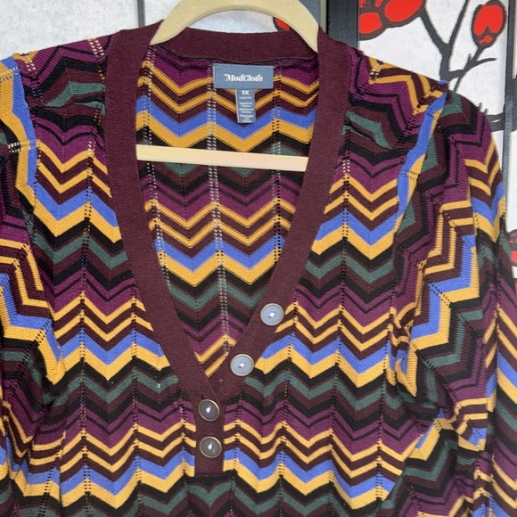 Womens ModCloth 1X Multi Stripe Jewel Tone Knot Long Sleeve V Neck Sweater - Picture 2 of 6